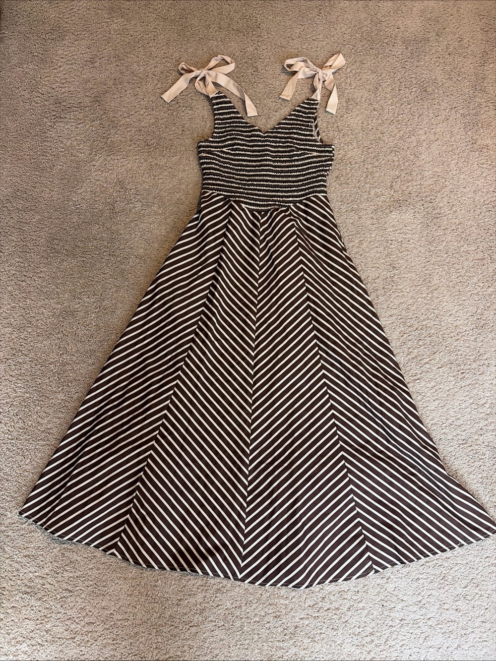 Womens Brown Cream Striped Tie Straps Maxi Dress Size Small 100% Cotton Pockets